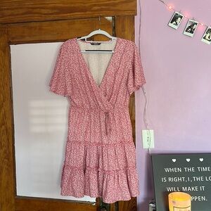 Pink Cinched Dress with White Flowers